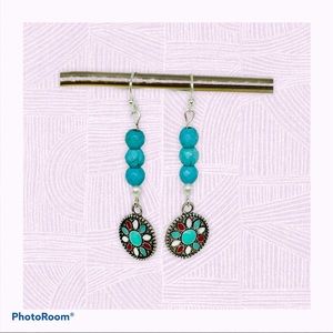 Teal Beaded Earrings, Mandala Charm Dangles